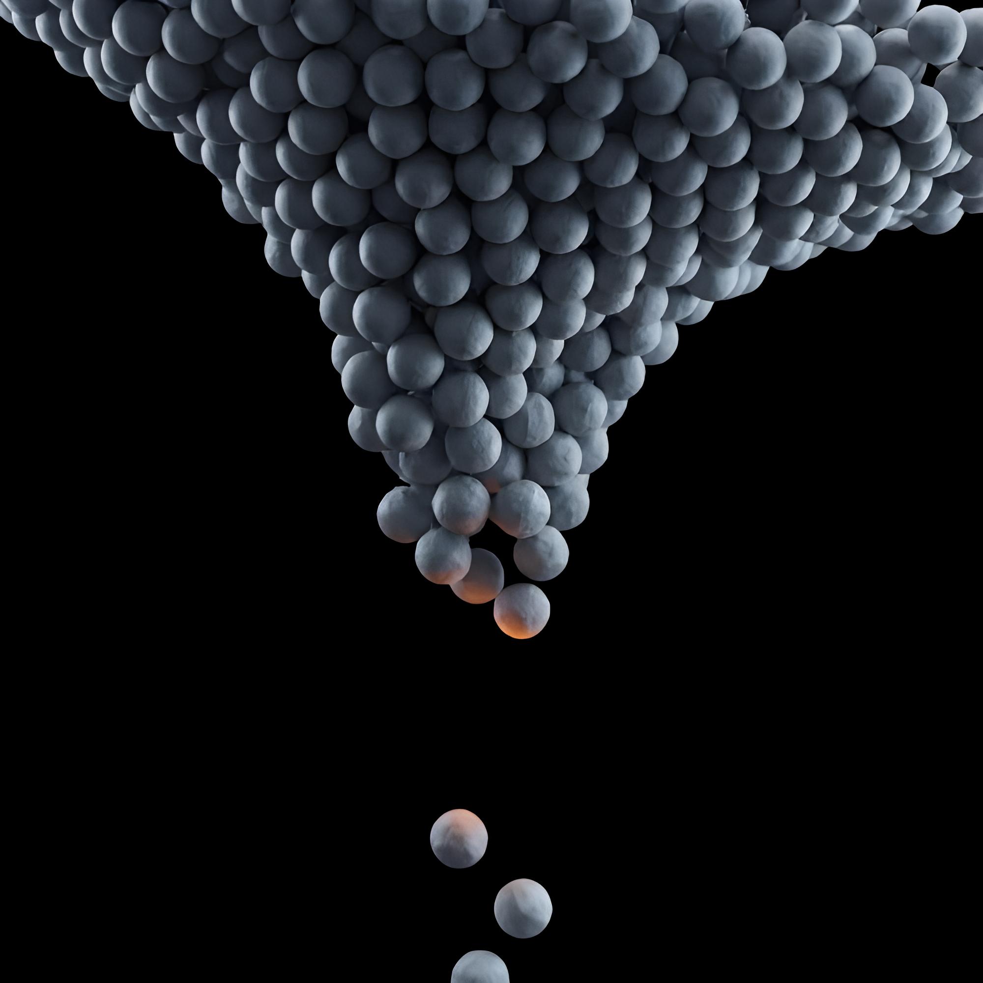 A dense cloud of grey spheres funnelling downward — the noise.